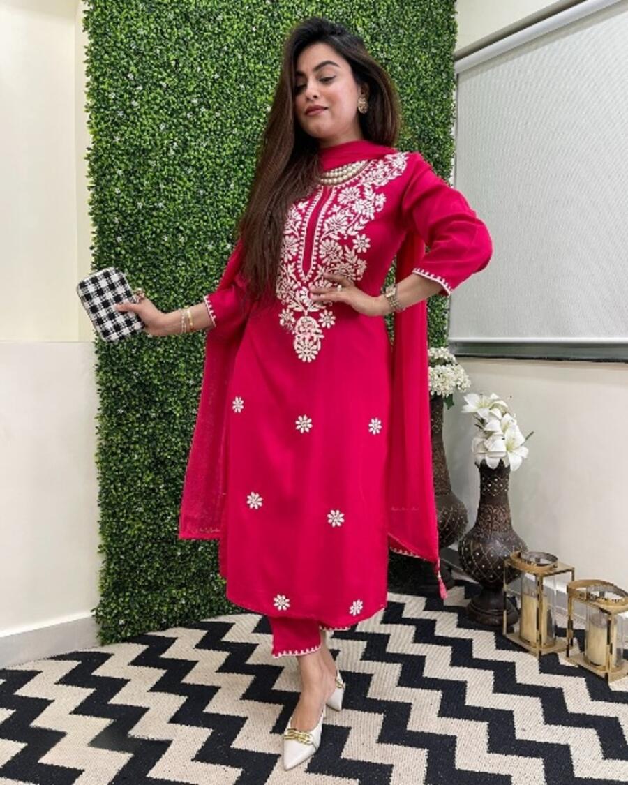 ATTRACTIVE VISCOSE CHANDERI SEQUENCE EMBROIDERY WORK TOP BOTTOM WITH DUPATTA FORMAL WEAR WHOLESALE PRICE ETHNIC GARMENT (6)