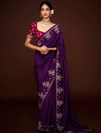 ATTRACTIVE VISCOSE CHINON EMBROIDERY SEQUENCE WITH MULTI THREAD , ZARI WORK SAREE WITH UNSTITCHED BLOUSE PURPLE