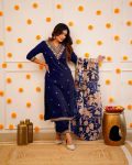 ATTRACTIVE VISCOSE RAYON EMBROIDERY WORK TOP BOTTOM WITH DUPATTA NAVY BLUE