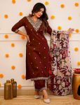 ATTRACTIVE VISCOSE RAYON EMBROIDERY WORK TOP BOTTOM WITH DUPATTA BROWN