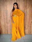 ATTRACTIVE VISCOSE WEAVING ZARI WORK READY TO WEAR SAREE WITH UNSTITCHED BLOUSE YELLOW