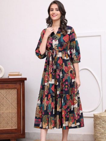 ATTRCTIVE RAYON PRINTED WORK ONE PIECE DRESS MULTI