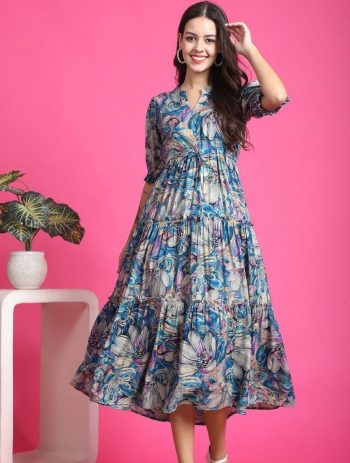 ATTRCTIVE RAYON PRINTED WORK ONE PIECE DRESS BLUE