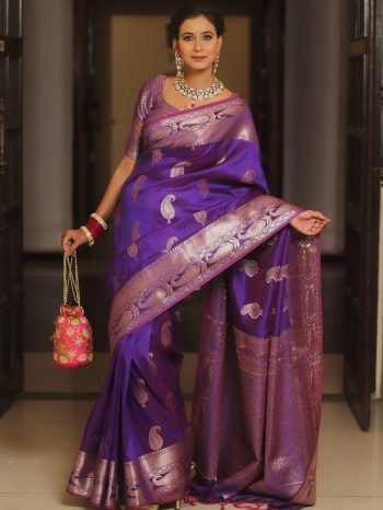 BOLLYWOOD BANARASI SILK WEAVING WORK SAREE WITH UNSTITCHED BLOUSE PURPLE
