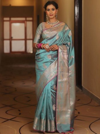 BOLLYWOOD BANARASI SILK WEAVING WORK SAREE WITH UNSTITCHED BLOUSE SKY