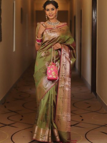 BOLLYWOOD BANARASI SILK WEAVING WORK SAREE WITH UNSTITCHED BLOUSE GREEN