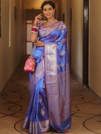 BOLLYWOOD BANARASI SILK WEAVING WORK SAREE WITH UNSTITCHED BLOUSE BLUE