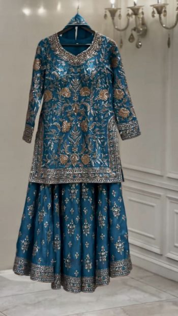 BOLLYWOOD CHINON SILK EMBROIDERY AND SEQUENCE WORK TOP PALAZZO WITH DUPATTTA BLUE