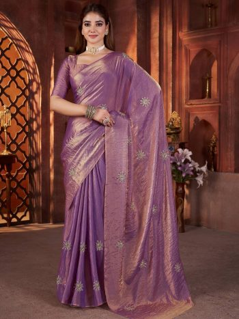 BOLLYWOOD FENDY SATIN SILK BEADS & PIPE HAND WORK BUTTA SAREE WITH UNSTITCHED BLOUSE LAVENDER