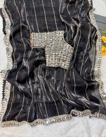 BOLLYWOOD JIMMY CHOO SEQUENCE AND REAL MIRROR BORDER WORK SAREE WITH STITCHED BLOUSE BLACK