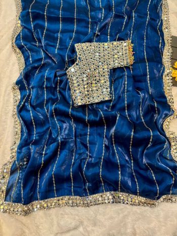 BOLLYWOOD JIMMY CHOO SEQUENCE AND REAL MIRROR BORDER WORK SAREE WITH STITCHED BLOUSE BLUE
