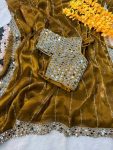 BOLLYWOOD JIMMY CHOO SEQUENCE AND REAL MIRROR BORDER WORK SAREE WITH STITCHED BLOUSE YELLOW