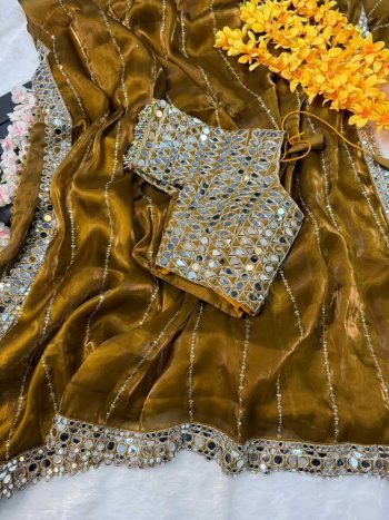 BOLLYWOOD JIMMY CHOO SEQUENCE AND REAL MIRROR BORDER WORK SAREE WITH STITCHED BLOUSE YELLOW