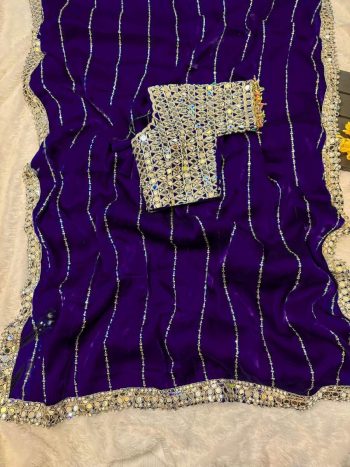 BOLLYWOOD JIMMY CHOO SEQUENCE AND REAL MIRROR BORDER WORK SAREE WITH STITCHED BLOUSE PURPLE