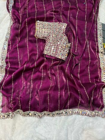 BOLLYWOOD JIMMY CHOO SEQUENCE AND REAL MIRROR BORDER WORK SAREE WITH STITCHED BLOUSE WINE