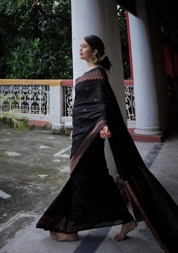 BOLLYWOOD LICHI SILK JACQUARD WORK FESTIVE WEAR   SAREE WITH UNSTITCHED BLOUSE BLACK