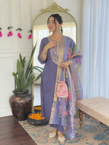 BOLLYWOOD VISCOSE CHANDERI SEQUENCE CODING EMBROIDERY WORK TOP BOTTOM WITH DUPATTA PURPLE