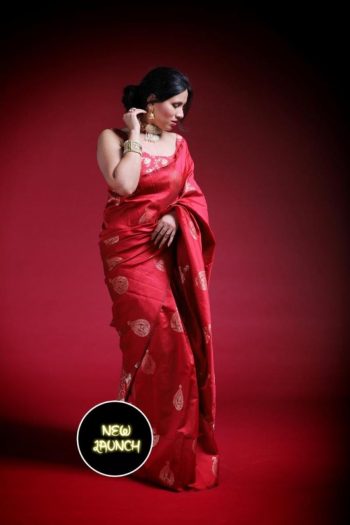DEGINER SOFT LICHI SILK JACQUARD WORK SAREE WITH UNSTITCHED BLOUSE RED