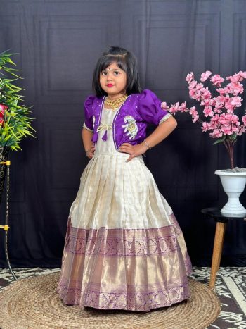 DESIGNER BANARASI SILK WEAVING  ZARI WORK KID'S GOWN WITH KOTI OFF WHITE