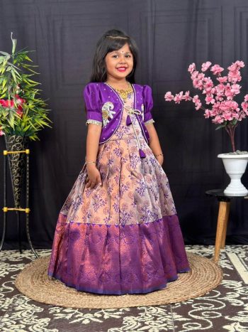 DESIGNER BANARASI SILK WEAVING  ZARI WORK KID'S GOWN WITH KOTI PURPLE