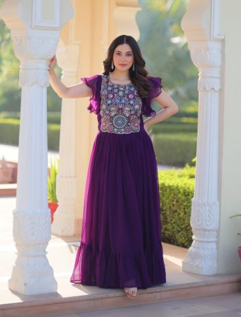 DESIGNER BLOOMING BEADS AND SEQUENCE MULTI THREADED EMBROIDERY WORK GOWN PURPLE