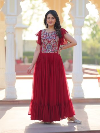DESIGNER BLOOMING BEADS AND SEQUENCE MULTI THREADED EMBROIDERY WORK GOWN  MAROON