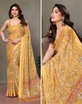DESIGNER BRIGHT MOSS SATIN DIGITAL PRINT WORK SAREE WITH UNSTITCHED BLOUSE YELLOW