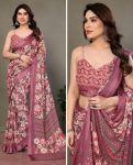 DESIGNER BRIGHT MOSS SATIN DIGITAL PRINT WORK SAREE WITH UNSTITCHED BLOUSE PINK
