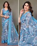 DESIGNER BRIGHT MOSS SATIN DIGITAL PRINT WORK SAREE WITH UNSTITCHED BLOUSE SKY