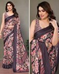 DESIGNER BRIGHT MOSS SATIN DIGITAL PRINT WORK SAREE WITH UNSTITCHED BLOUSE BROWN
