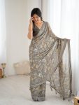 DESIGNER BRIGHT MOSS SATIN PATTA PRINTED WORK SAREE WITH UNSTITCHED BLOUSE GREY