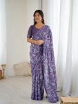 DESIGNER BRIGHT MOSS SATIN PATTA PRINTED WORK SAREE WITH UNSTITCHED BLOUSE PURPLE