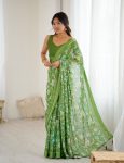 DESIGNER BRIGHT MOSS SATIN PATTA PRINTED WORK SAREE WITH UNSTITCHED BLOUSE GREEN