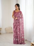 DESIGNER BRIGHT MOSS SATIN PATTA PRINTED WORK SAREE WITH UNSTITCHED BLOUSE PINK