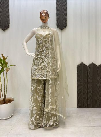 DESIGNER BUTTERFLY NET EMBROIDERY SEQUENCE WORK TOP PALAZZO WITH DUPATTA  OLIVE GREEN