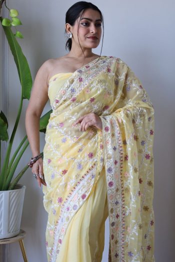 DESIGNER BUTTERFLY NET EMBROIDERY WITH STONE WORK SAREE WITH UNSTITCHED BLOUSE LEMON