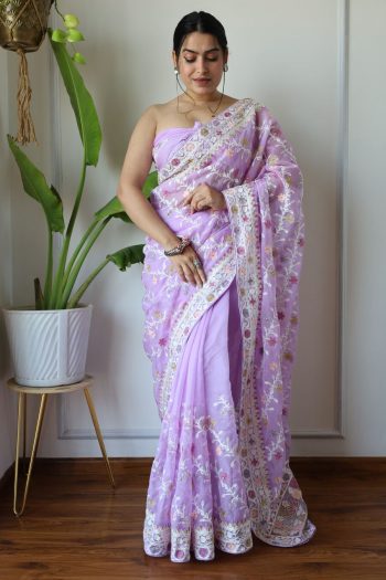 DESIGNER BUTTERFLY NET EMBROIDERY WITH STONE WORK SAREE WITH UNSTITCHED BLOUSE LAVENDER