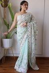 DESIGNER BUTTERFLY NET EMBROIDERY WITH STONE WORK SAREE WITH UNSTITCHED BLOUSE SKY