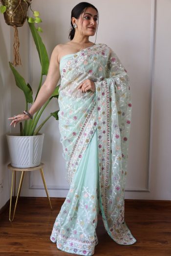 DESIGNER BUTTERFLY NET EMBROIDERY WITH STONE WORK SAREE WITH UNSTITCHED BLOUSE SKY