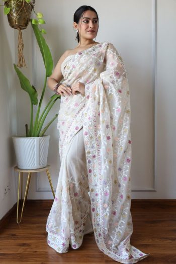 DESIGNER BUTTERFLY NET EMBROIDERY WITH STONE WORK SAREE WITH UNSTITCHED BLOUSE WHITE