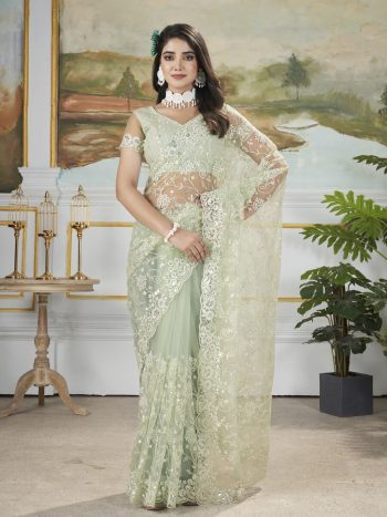 DESIGNER BUTTERFLY NET SEQUENCE WITH MULTI-THREAD EMBROIDERY WORK SAREE WITH UNSTITCHED BLOUSE PISTA