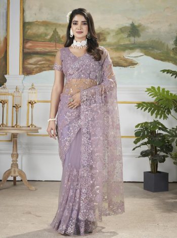DESIGNER BUTTERFLY NET SEQUENCE WITH MULTI-THREAD EMBROIDERY WORK SAREE WITH UNSTITCHED BLOUSE LAVENDER