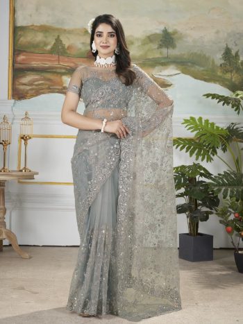 DESIGNER BUTTERFLY NET SEQUENCE WITH MULTI-THREAD EMBROIDERY WORK SAREE WITH UNSTITCHED BLOUSE GREY