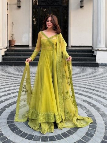 DESIGNER BUTTERFLY NET THREAD WITH SEQUENCE  WORK KEDIYA STYLE TOP BLOUSE LEHENGA WITH DUPATTA PARROT GREEN