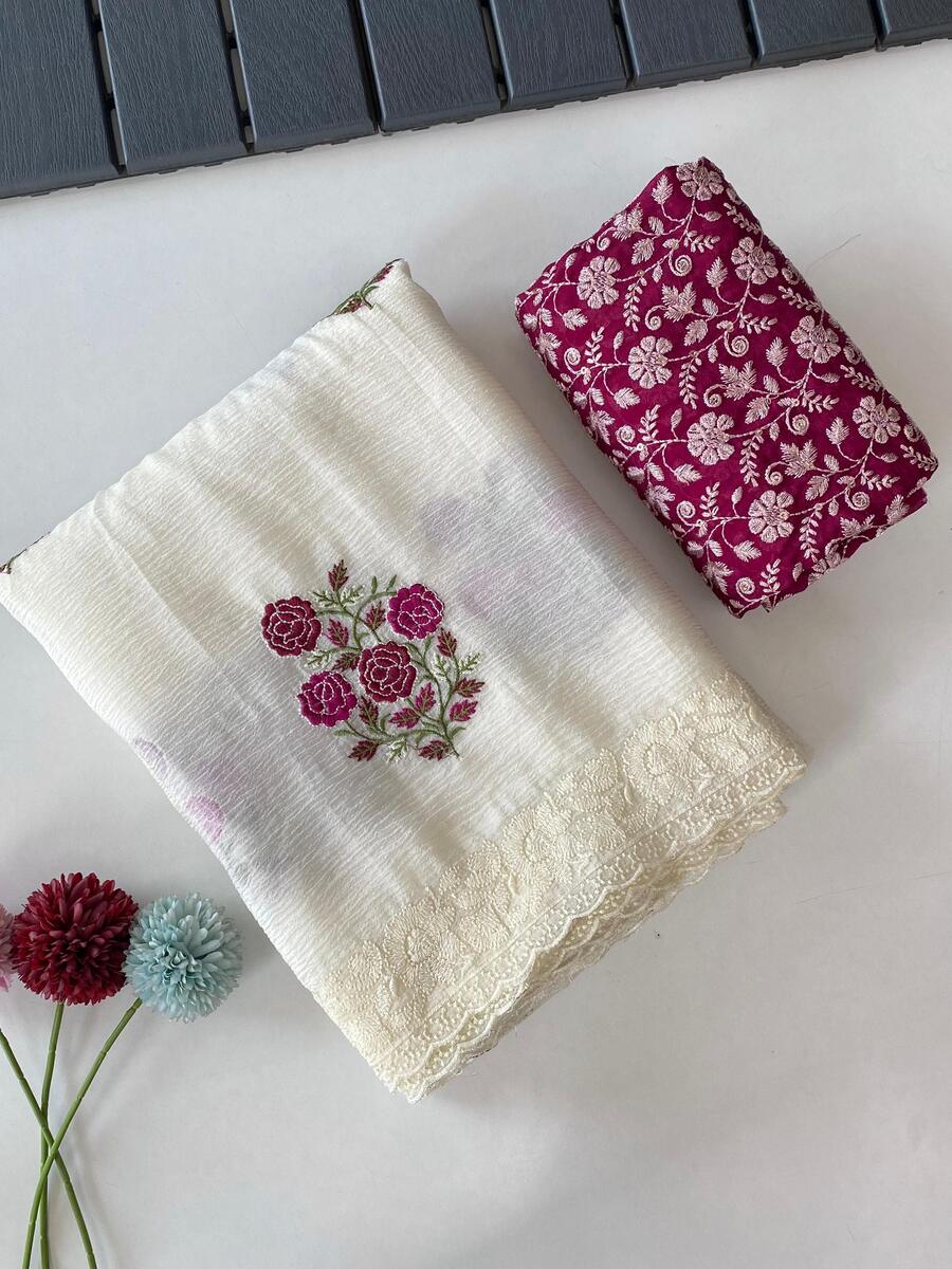 DESIGNER CHIFFON GEORGETTE MULTI-THREAD EMBROIDERY WORK SAREE WITH STITCHED BLOUSE FESTIVAL WEAR WHOLESALE PRICE ETHNIC GARMENT (10)