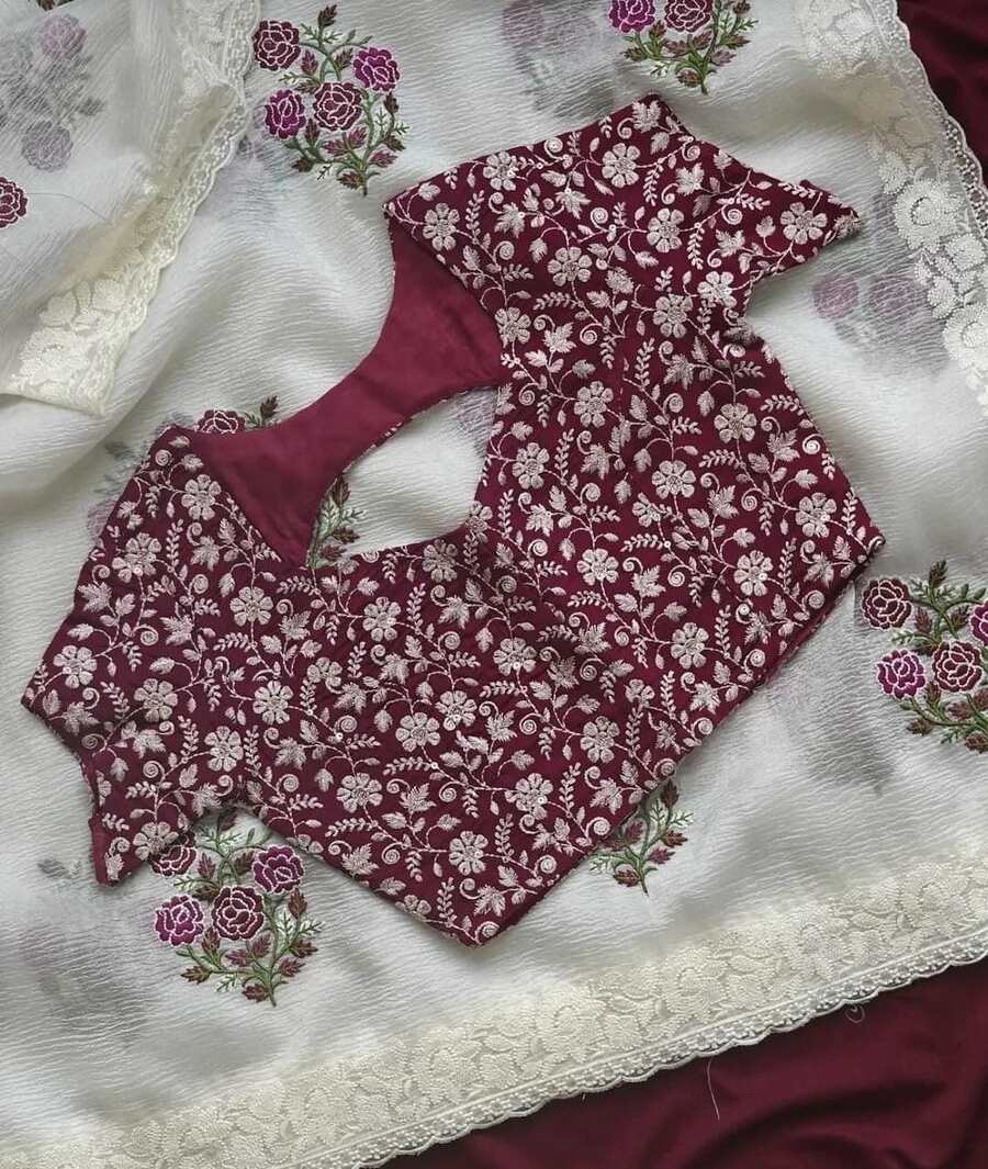 DESIGNER CHIFFON GEORGETTE MULTI-THREAD EMBROIDERY WORK SAREE WITH STITCHED BLOUSE FESTIVAL WEAR WHOLESALE PRICE ETHNIC GARMENT (11)