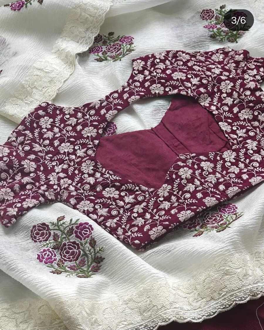 DESIGNER CHIFFON GEORGETTE MULTI-THREAD EMBROIDERY WORK SAREE WITH STITCHED BLOUSE FESTIVAL WEAR WHOLESALE PRICE ETHNIC GARMENT (6)