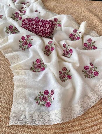 DESIGNER CHIFFON GEORGETTE MULTI-THREAD EMBROIDERY WORK SAREE WITH UNSTITCHED BLOUSE OFF WHITE