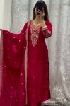 DESIGNER CHINON EMBROIDERY CODING DORI WORK TOP BOTTOM WITH DUPATTA RED