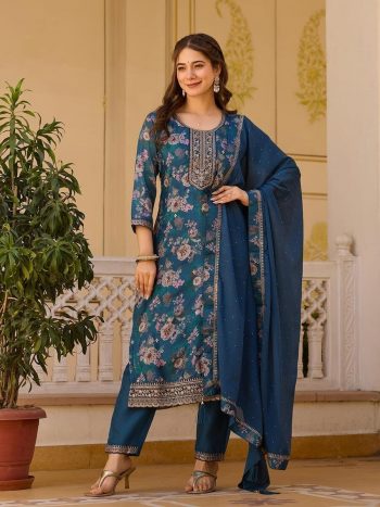 DESIGNER CHINON EMBROIDERY WORK TOP BOTTOM WITH DUPATTA TEAL